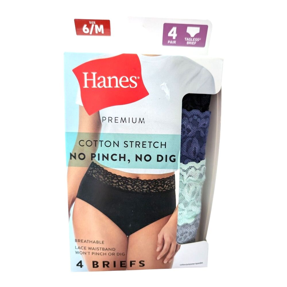 Hanes Premium Women's Briefs Size 6 (M) Lace Waistband Pack Of 4 Cotton Stretch